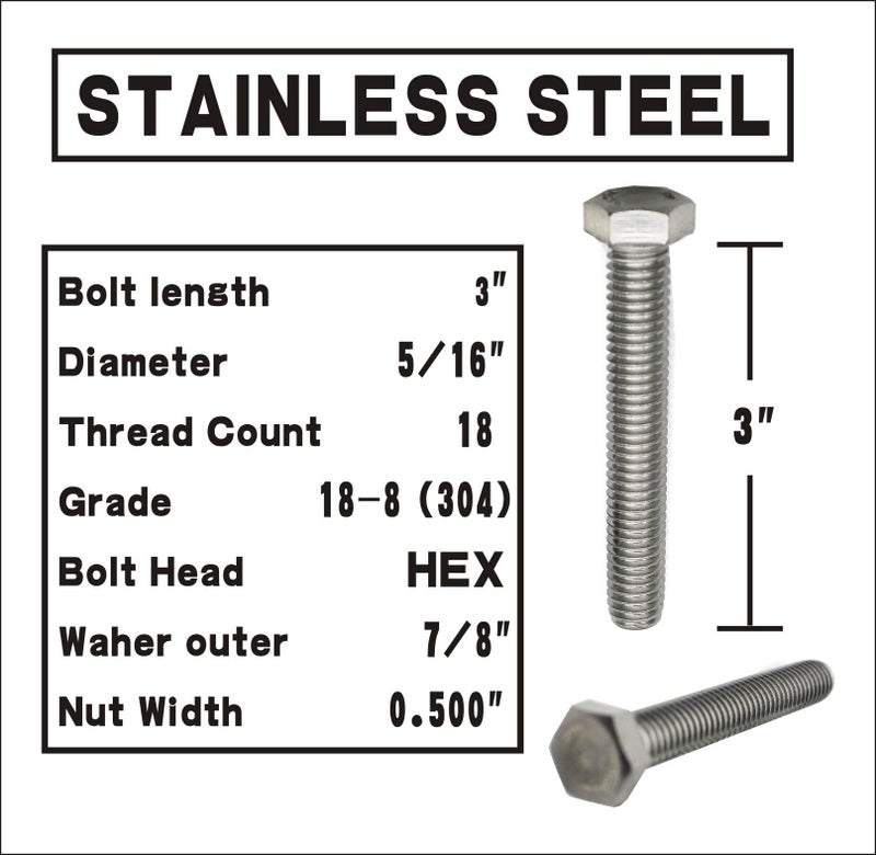 Fullerkreg (10 Sets) 5/16-18x3 Stainless Steel Hex Head Screws Bolts, 5/16 Nuts, Washers, 18-8 (304) S/S, Fully Threaded - Image 2